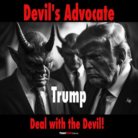 Editorial: Devil's Advocate. Trump beside a horned devil: a satire of power won through a deal with the Devil.