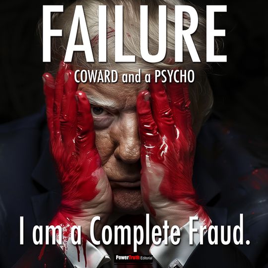 Editorial: Failure. Trump with blood-red hands over his face: coward, psycho, complete fraud.