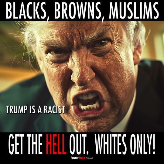 Editorial: Whites Only. A snarling portrait that accuses Trump of racism toward Black, Brown and Muslim Americans.