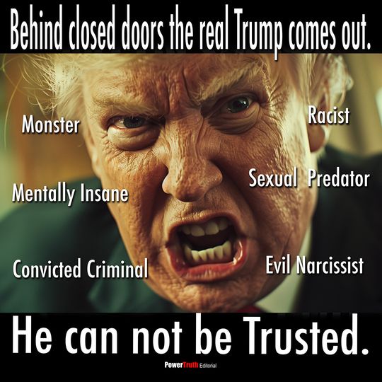 Editorial: He Can Not Be Trusted. An angry portrait ringed with accusations, under the line 'He can not be trusted.'