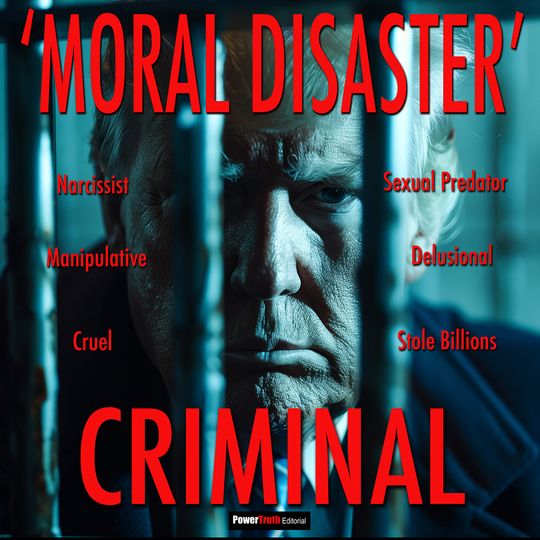 Editorial: Moral Disaster. A cold, barred portrait under a one-word verdict: criminal.